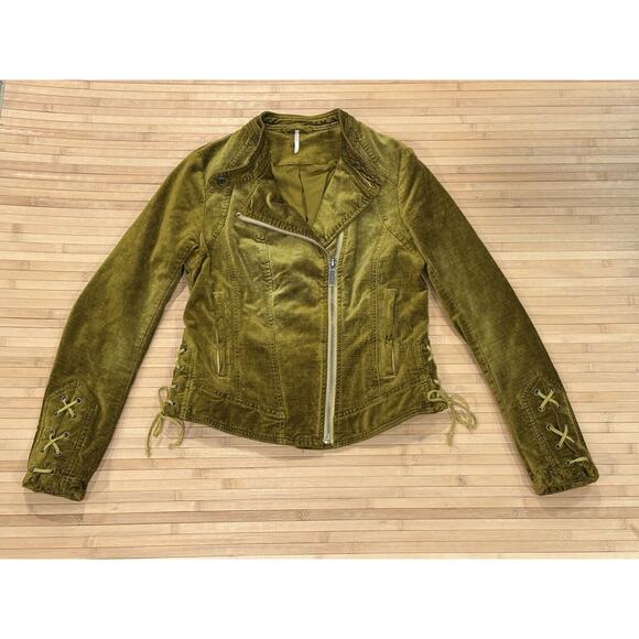 Free People Lacey Velvet Jacket Moto Lace Up Side Cuff Zip Charteruse Small Rare - Picture 2 of 15